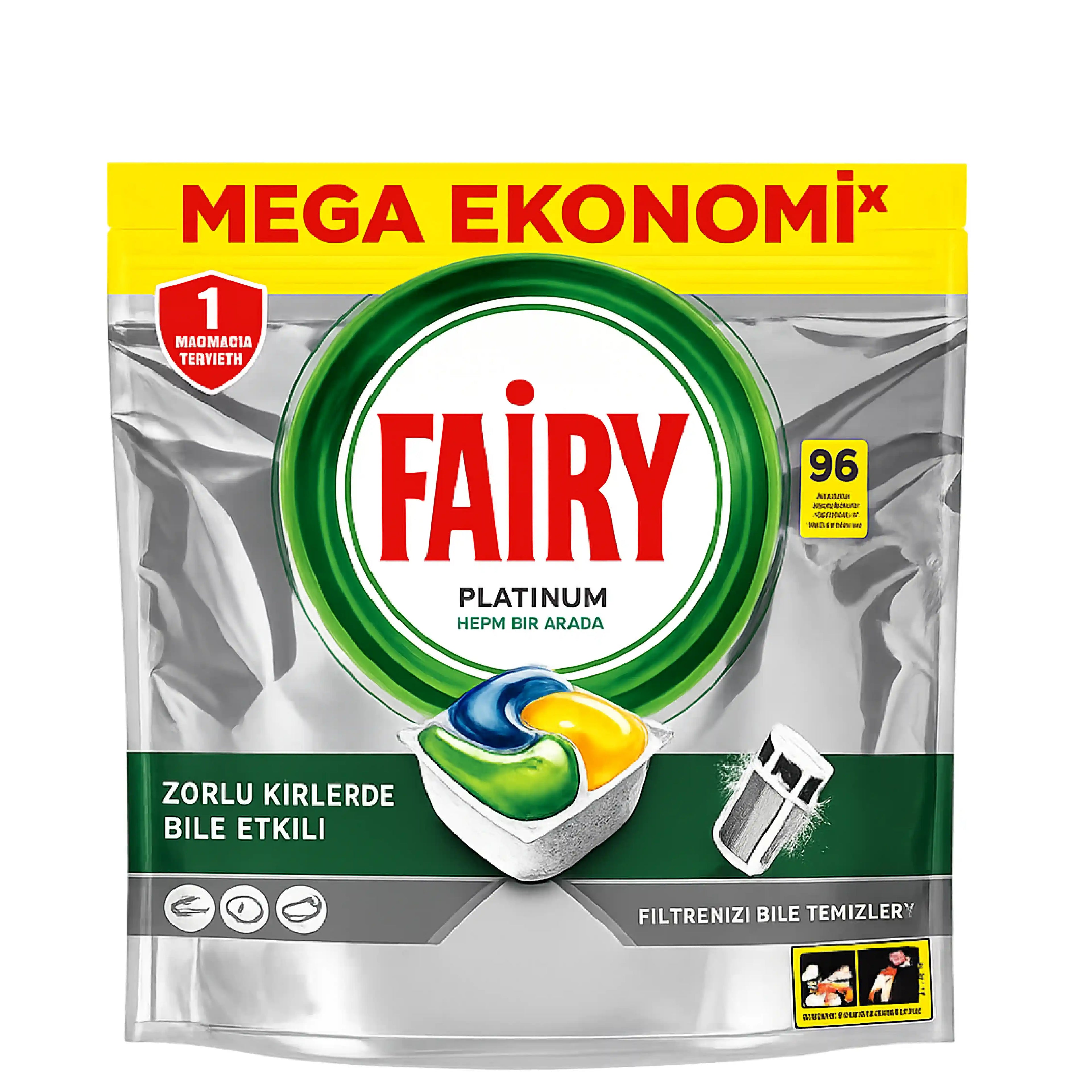 Qabyuyan maşın kapsulu Fairy Platinum, 96 yuma, limon ətirli