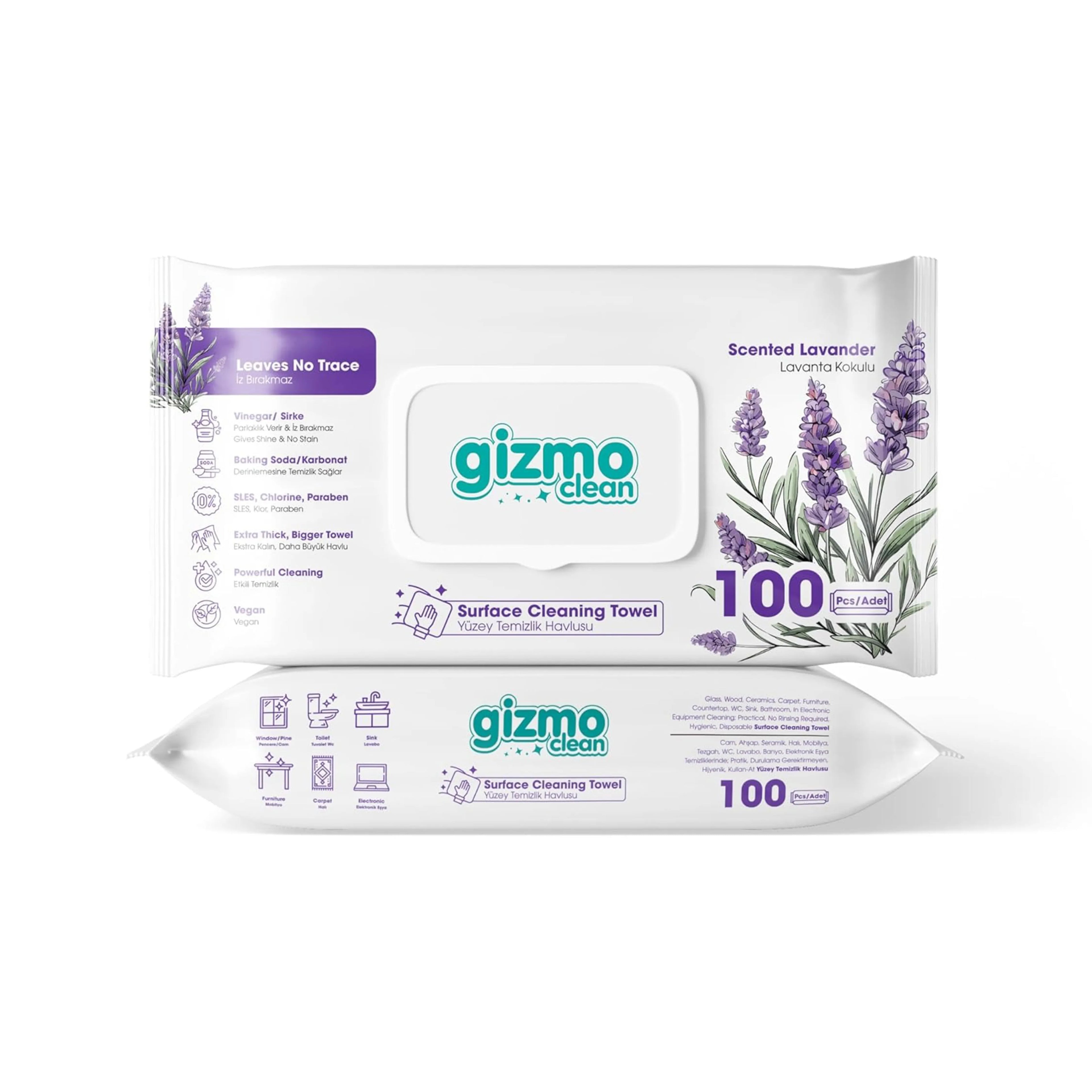Səth təmizləmə üçün Gizmo nəm salfətlər, Lavanda ətrli, 100 əd